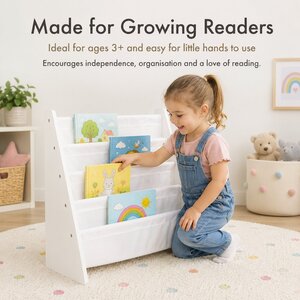 Kids Wooden Bookshelf White 4 Tier Fabric Pocket Book Storage Everyday Reading Nook Shelf Unit