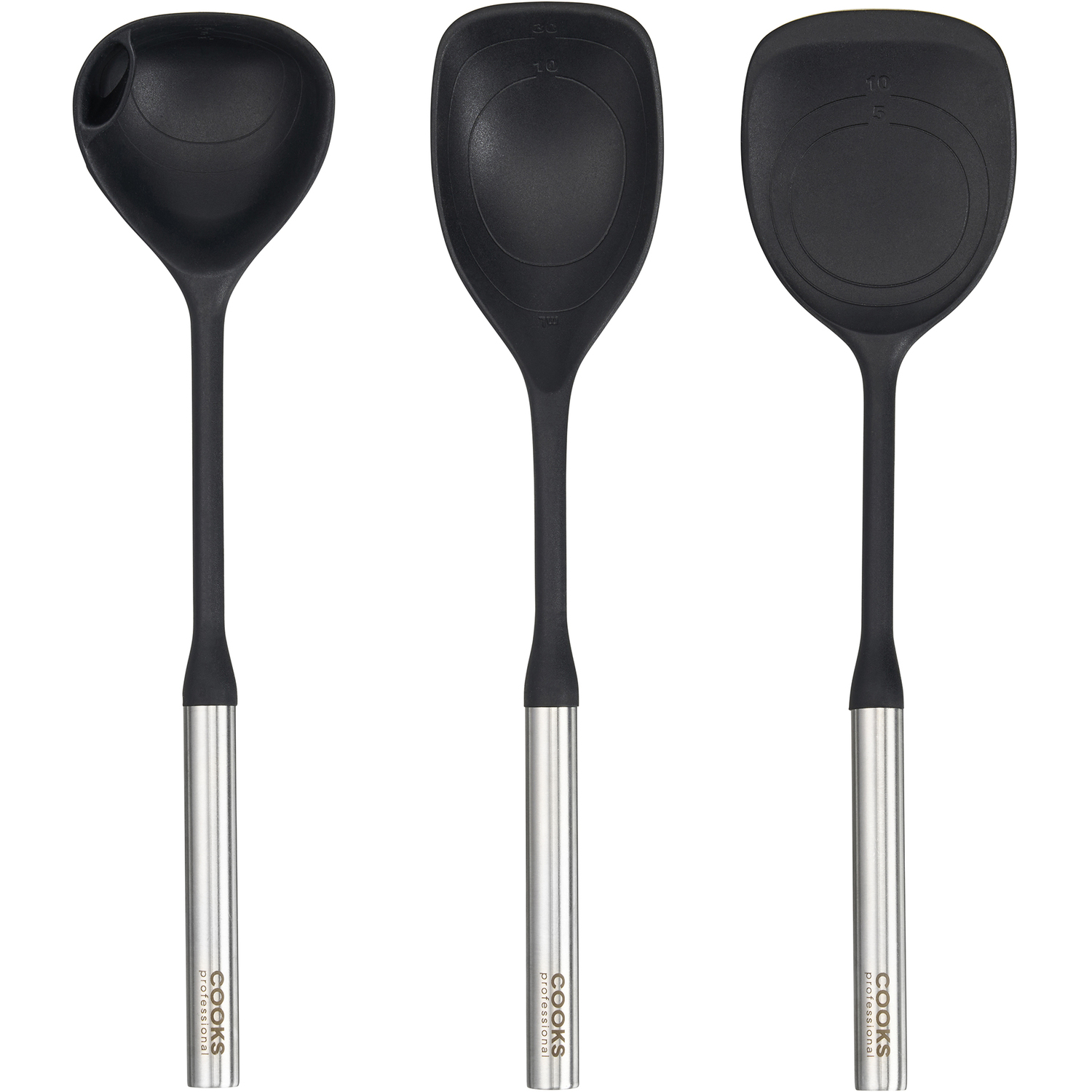 Cooks Professional 3 Piece Silicone Utensil Set With Stainless Steel Handles - Black & Silver