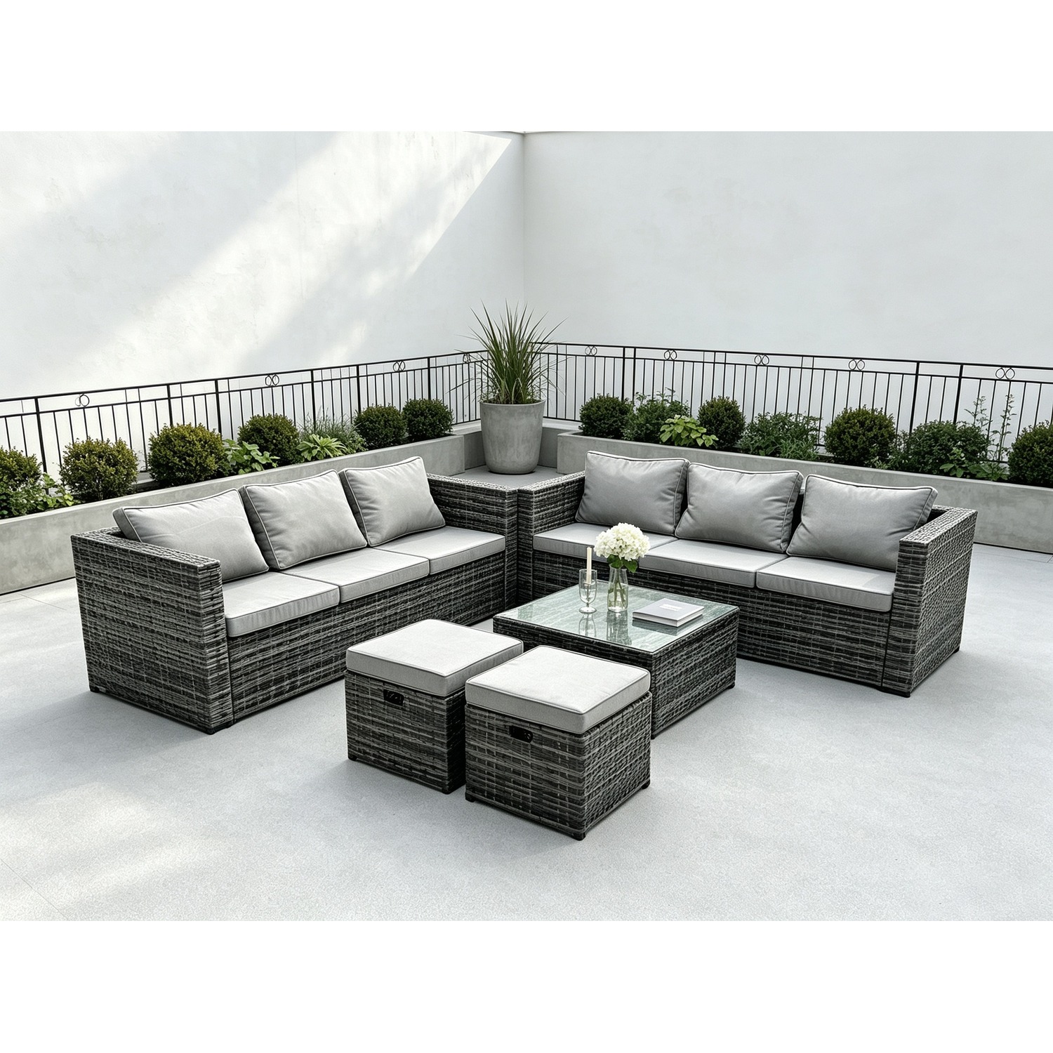 Fimous Unisex Dark Grey Rattan Garden Outdoor Sofa Set Square Coffee Table Footstools 8 Seater Small - Image 2