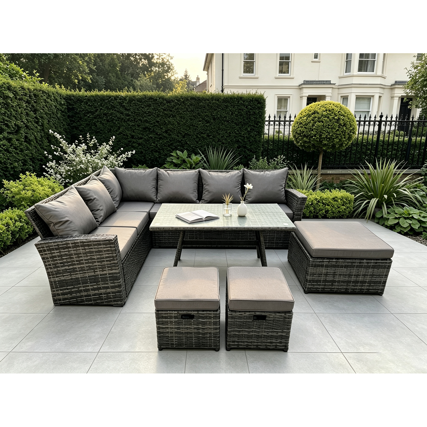 Fimous 9 Seater High Back Rattan Garden Furniture Set Corner Sofa With Oblong Dining Table 3 Footstool - Image 2