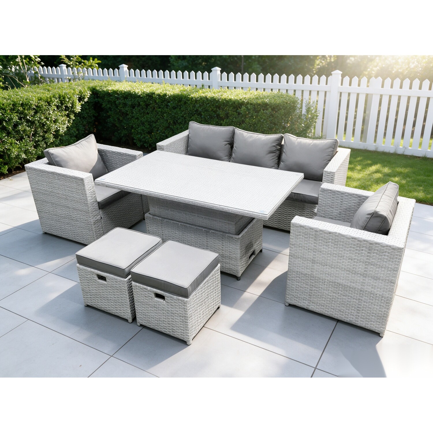 Rackhams Outdoor 7 Seater Rattan Dining & Lounge Set With Adjustable Height Table, Sofa, 2 Armchairs & Stools - Image 2