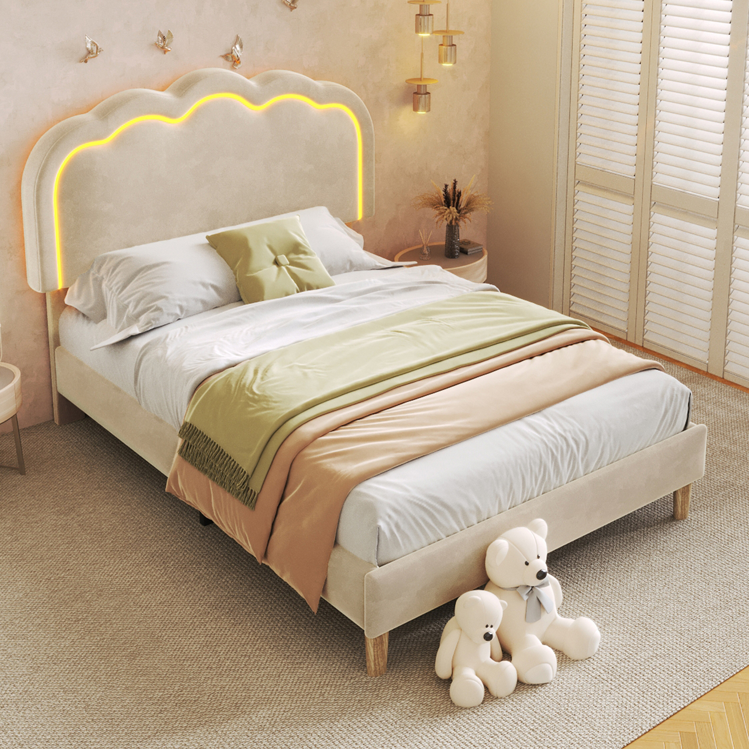 Aka Velvet Bed With Led & Adjustable Headboard - Cream