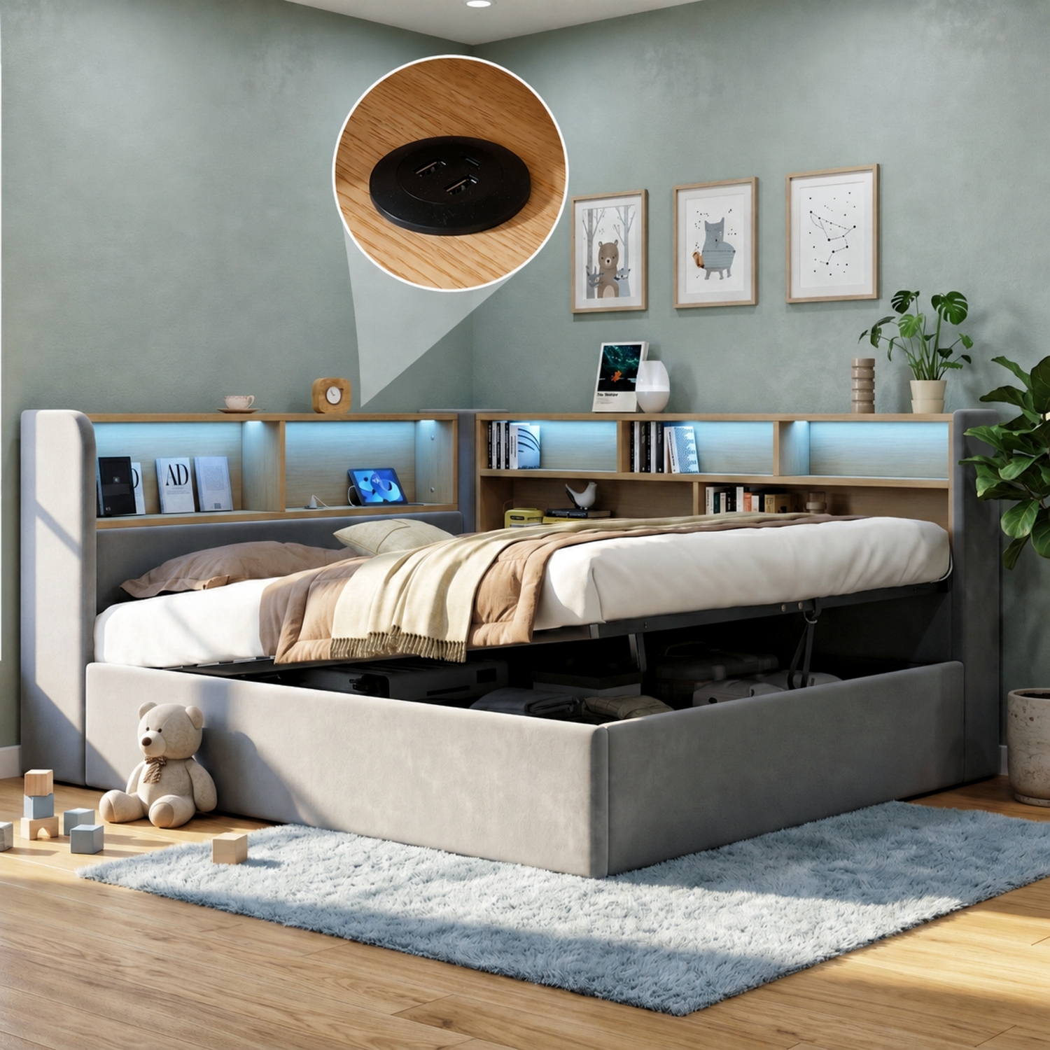 Aka Double L-Shaped Velvet Storage Daybed With Led & Usb - Grey