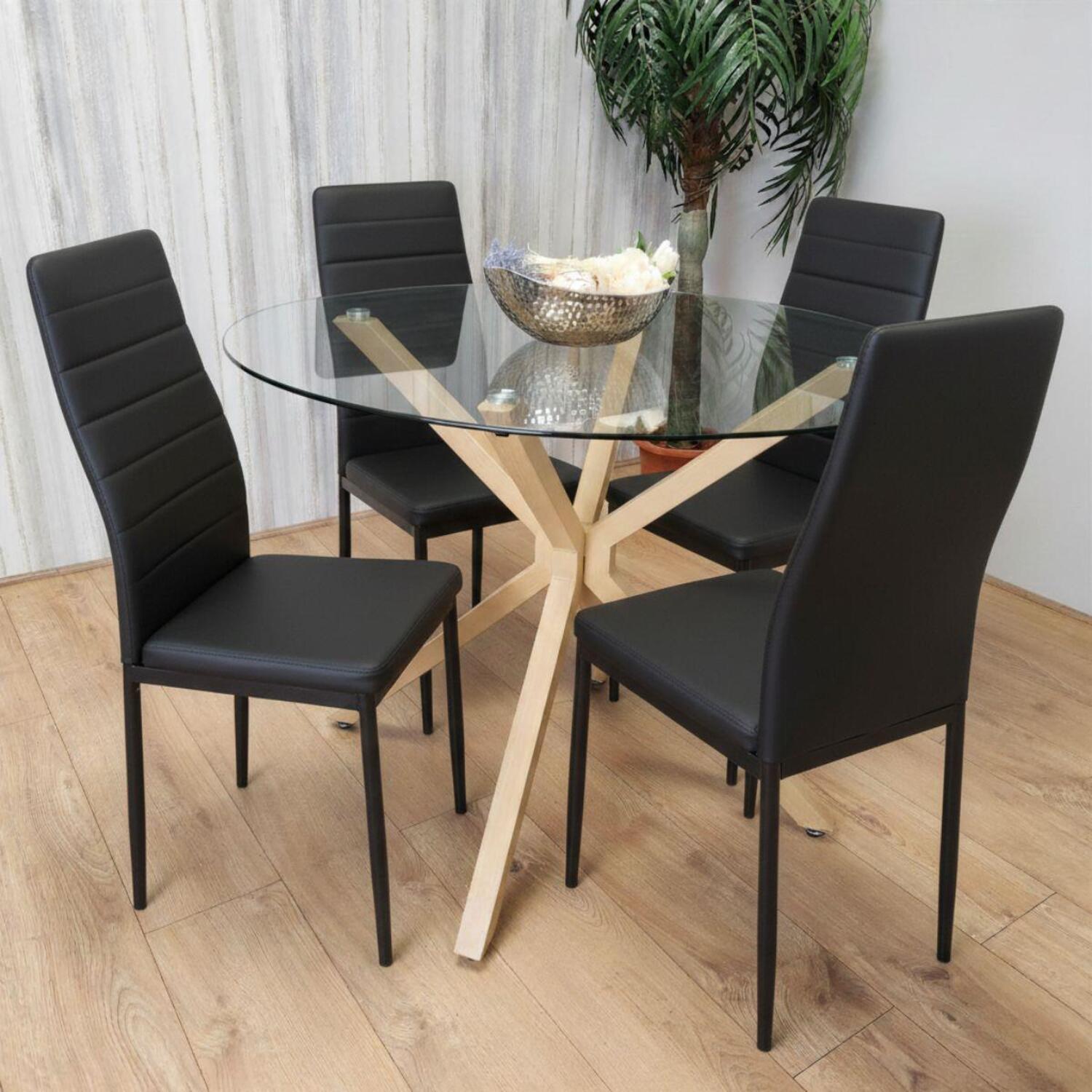 Kosy Koala Unisex Black Round Glass Dining Table Set W/ 4 Faux Leather Chairs - Image 3