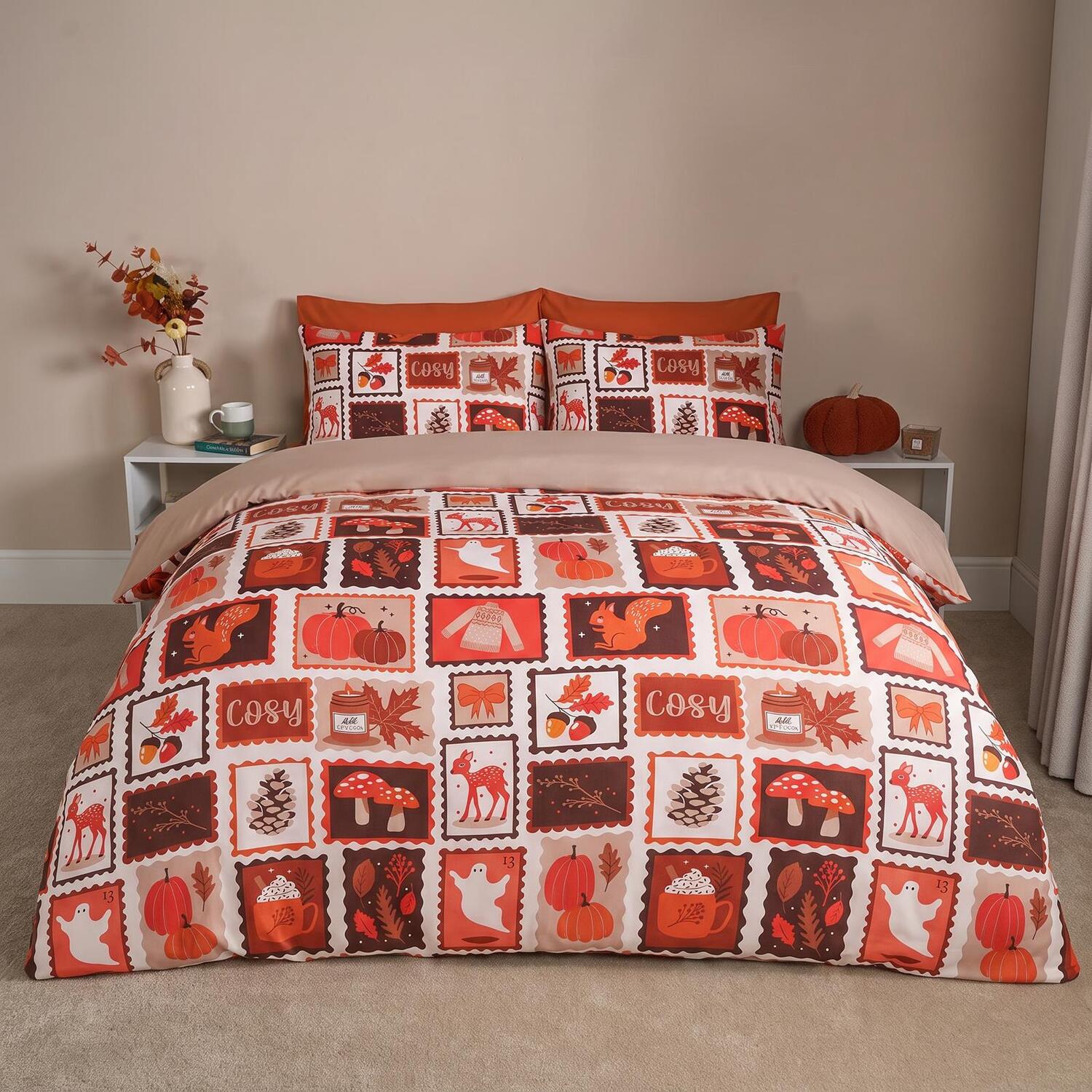 OHS Autumnal Postcard Print Microfibre Duvet Cover Set Bedding in Orange | Size: Double