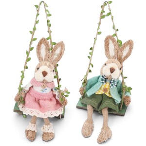 Set of 2 Bristle Rabbits on Swings Easter Decorations