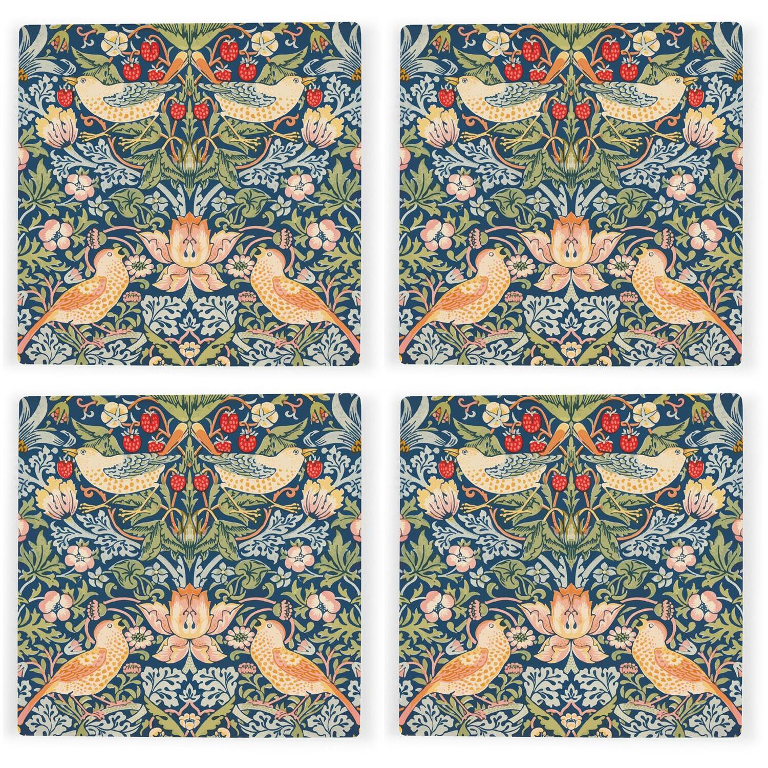 Blue Strawberry Thief Ceramic Coaster Set - William Morris Artwork Gifts - Square Set of Four (4) Coasters - Image 3