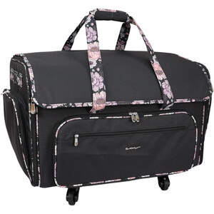 Everything Mary XXL 4 Wheel Collapsible Rolling Sewing Machine Storage Case, Black & Floral Trim