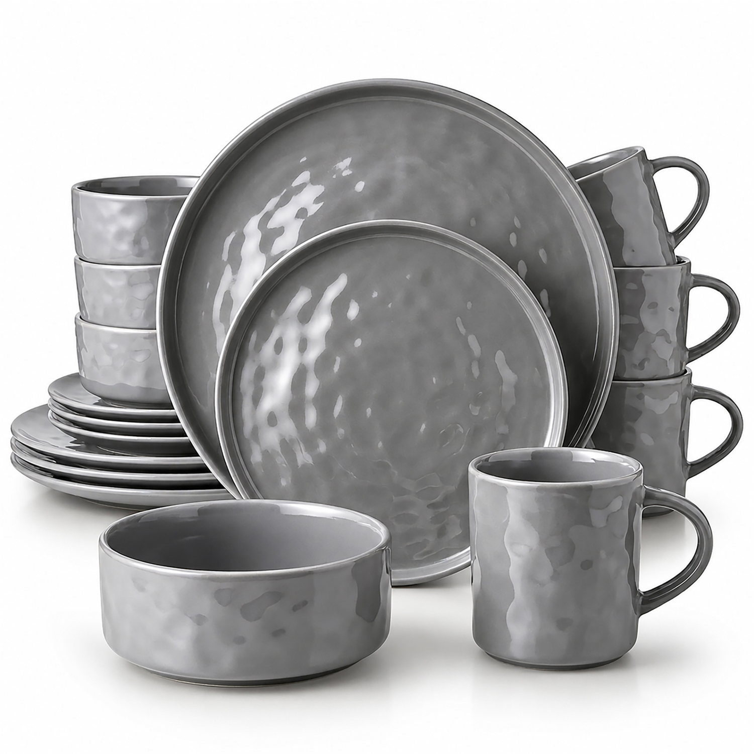 Simpa Unisex Grey Artisan Hammered Range Stoneware Dinner Set In | Size: 16 Pack - Image 2