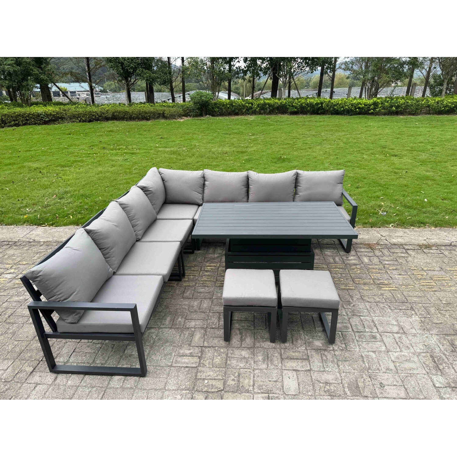 Fimous Dark/Grey 9 Seater Aluminium Garden Furniture Set With Adjustable Rising Dining Table 2 Footstools - Image 3