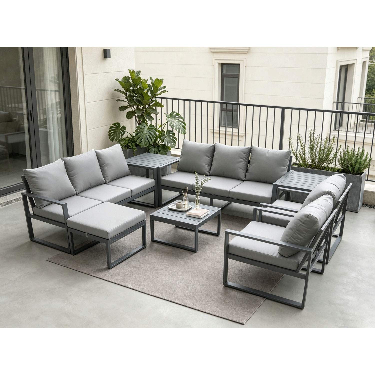 Fimous Unisex Dark Grey Aluminium Patio Outdoor Garden Furniture Lounge Sofa Set With Square Coffee Table Chairs Big Footstool Side Tables Size 2 - Image 2