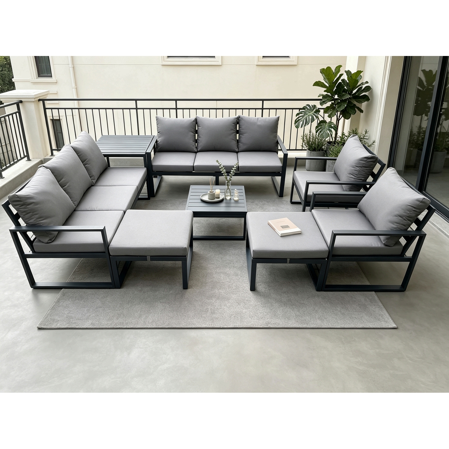 Fimous Unisex Dark Grey Aluminium Patio Outdoor Garden Furniture Lounge Sofa Set With Square Coffee Table Chairs Side Table Big Footstool Size 2 - Image 2