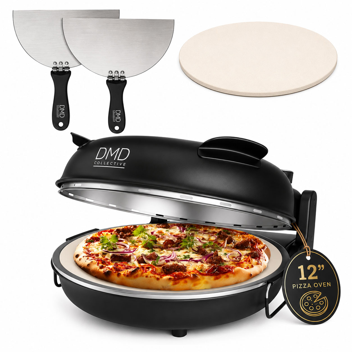 Dmd Collective 12 Inch Electric Pizza Oven 1200W With Stone Plate, Timer And Paddles