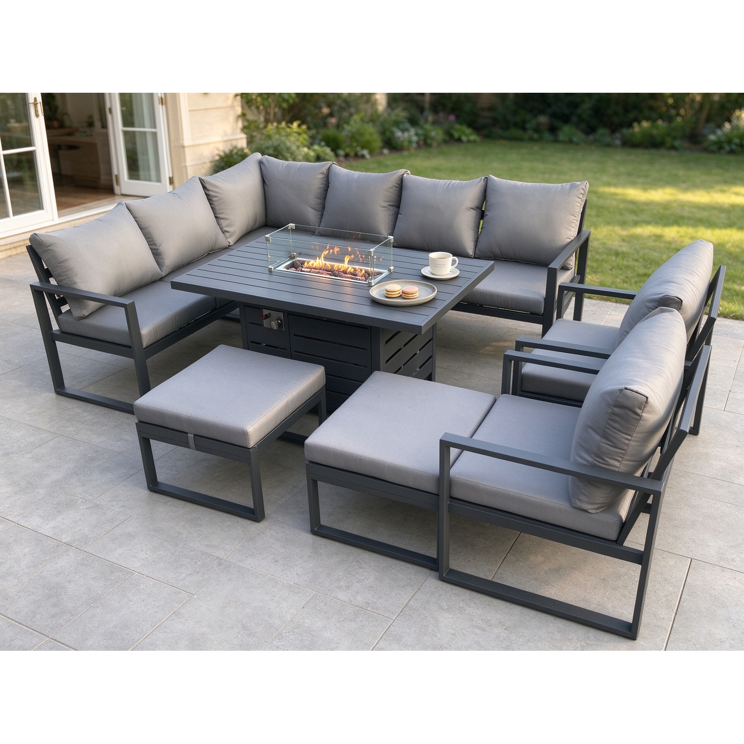 Fimous Unisex Dark Grey Aluminium Patio Outdoor Garden Furniture Corner Sofa Set Gas Fire Pit Dining Table With Chairs Big Footstools Size 2 - Image 2