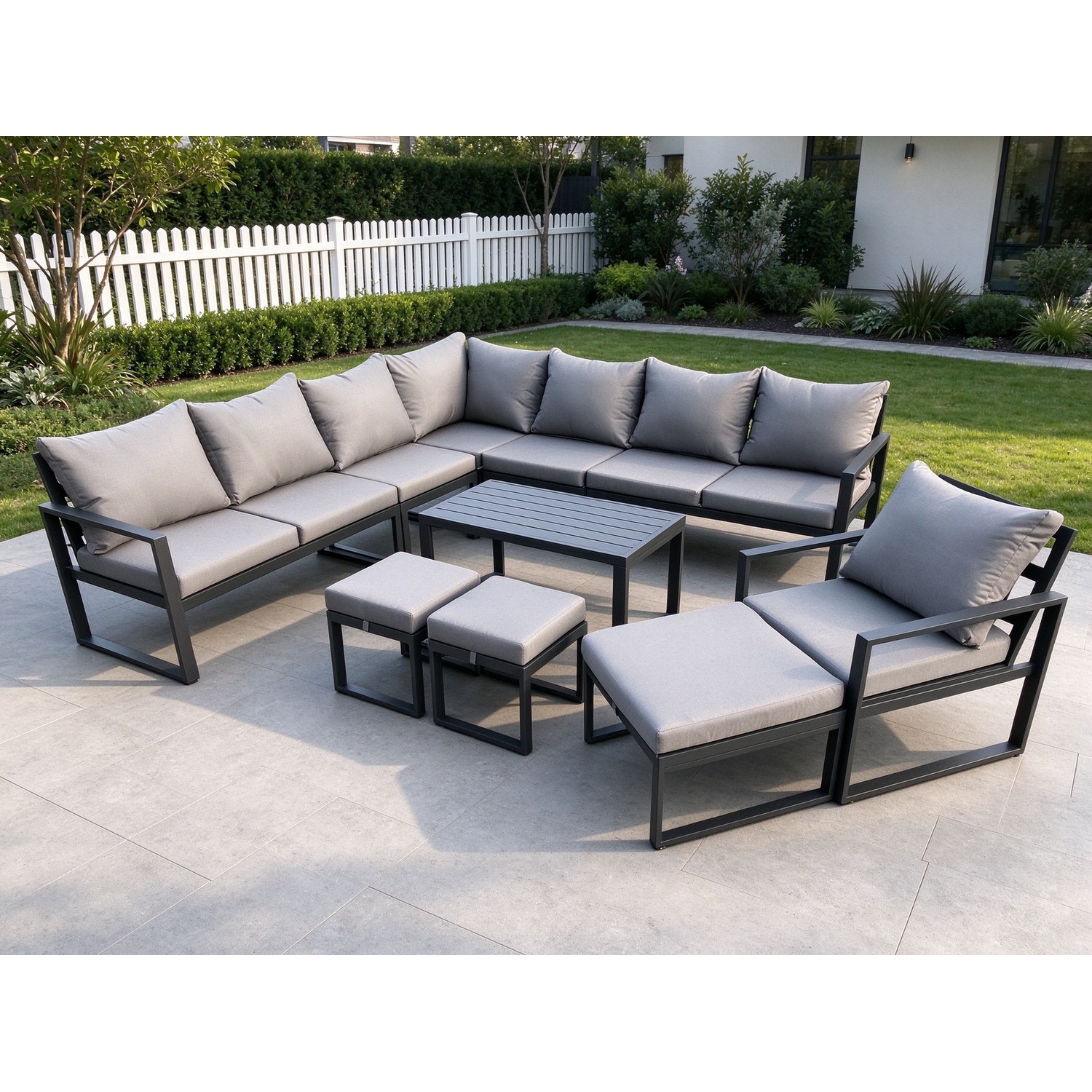 Fimous Unisex Dark Grey Aluminium Outdoor Garden Furniture Set Lounge Corner Sofa Oblong Coffee Table Chair Sets With Footstools Size 3 - Image 2