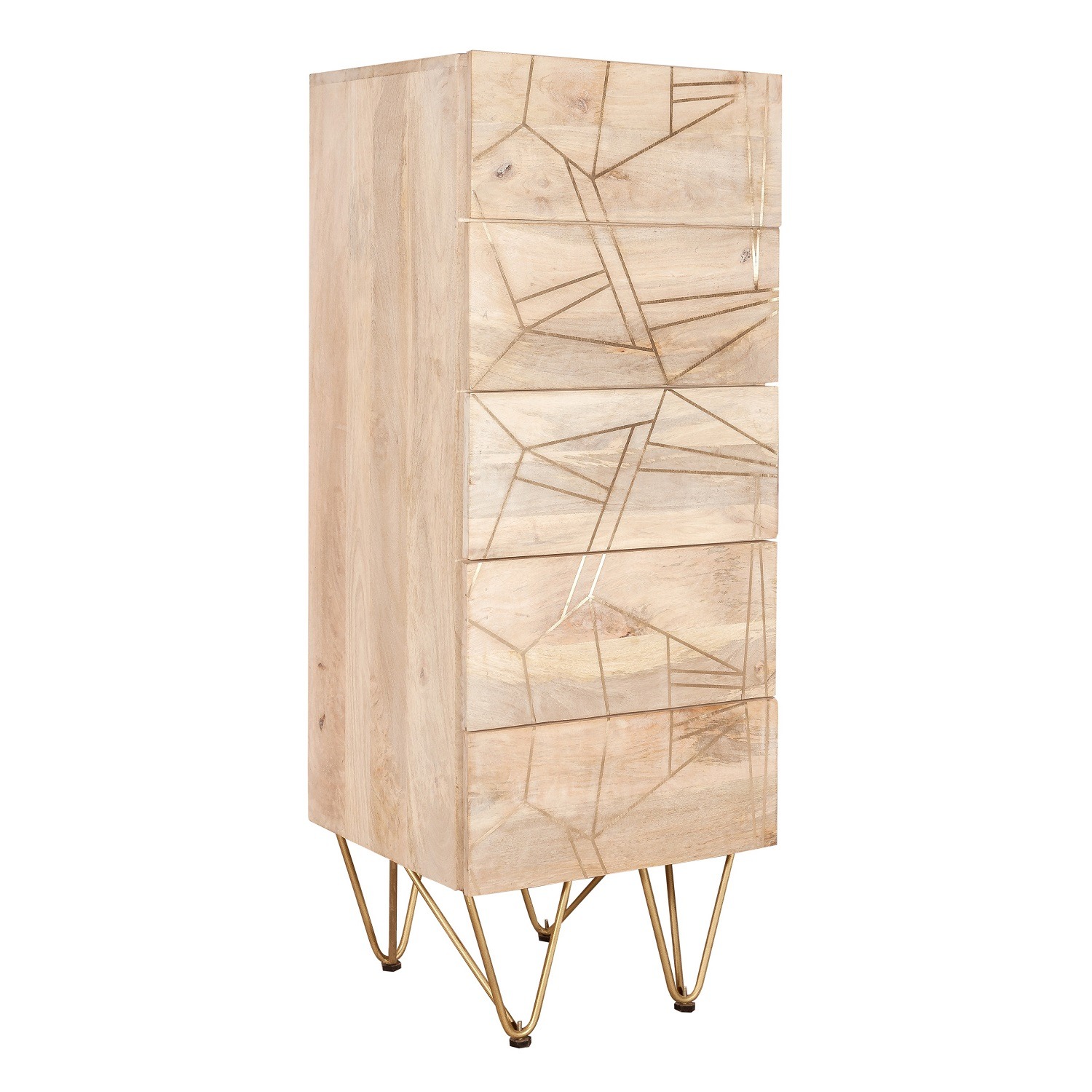 Gold Inlay Tall Chest of 5 drawers - Light Wood