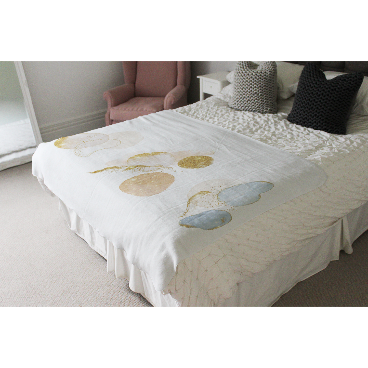 Blue, White, Beige Watercolor Illustration  Elements Blanket - White