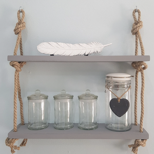 Two Tiered Wooden Grey Nordic Rope Shelves 70cm