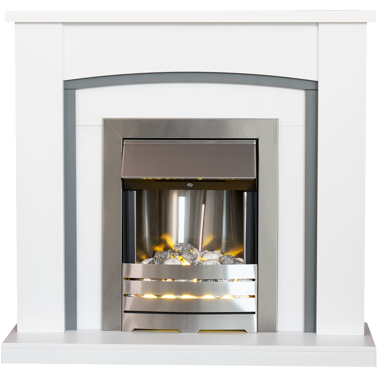 Adam Chilton in White with Helios Electric Fire in Brushed Steel, 39 Inch