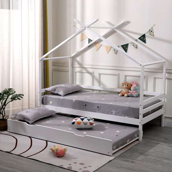 Teddy Kids Wooden House Single Bed Frame with Guest Trundle