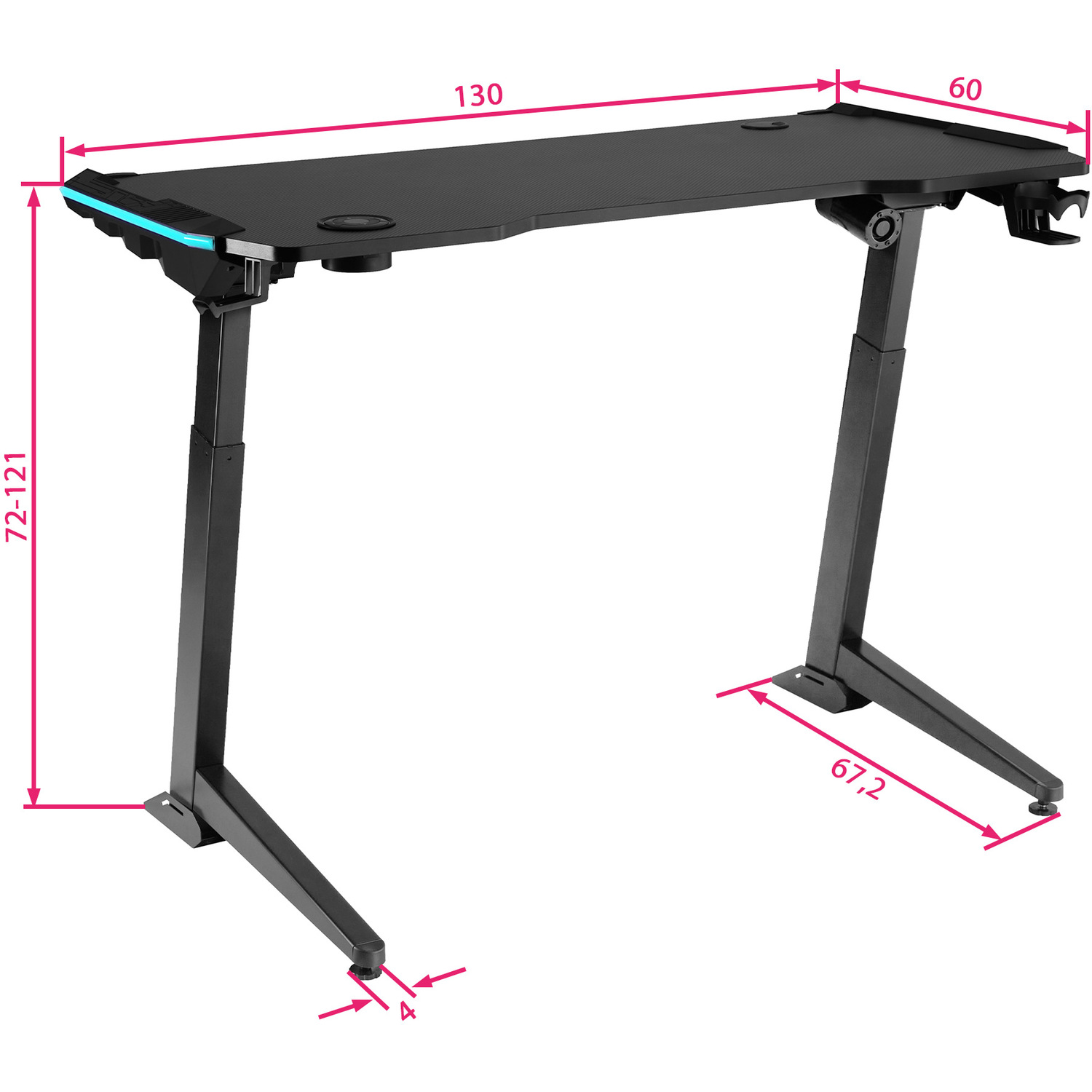 Gaming Desk Electrically Height Adjustable Wled Strips - Black