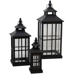 Set Of 3 Black Window Style Lanterns