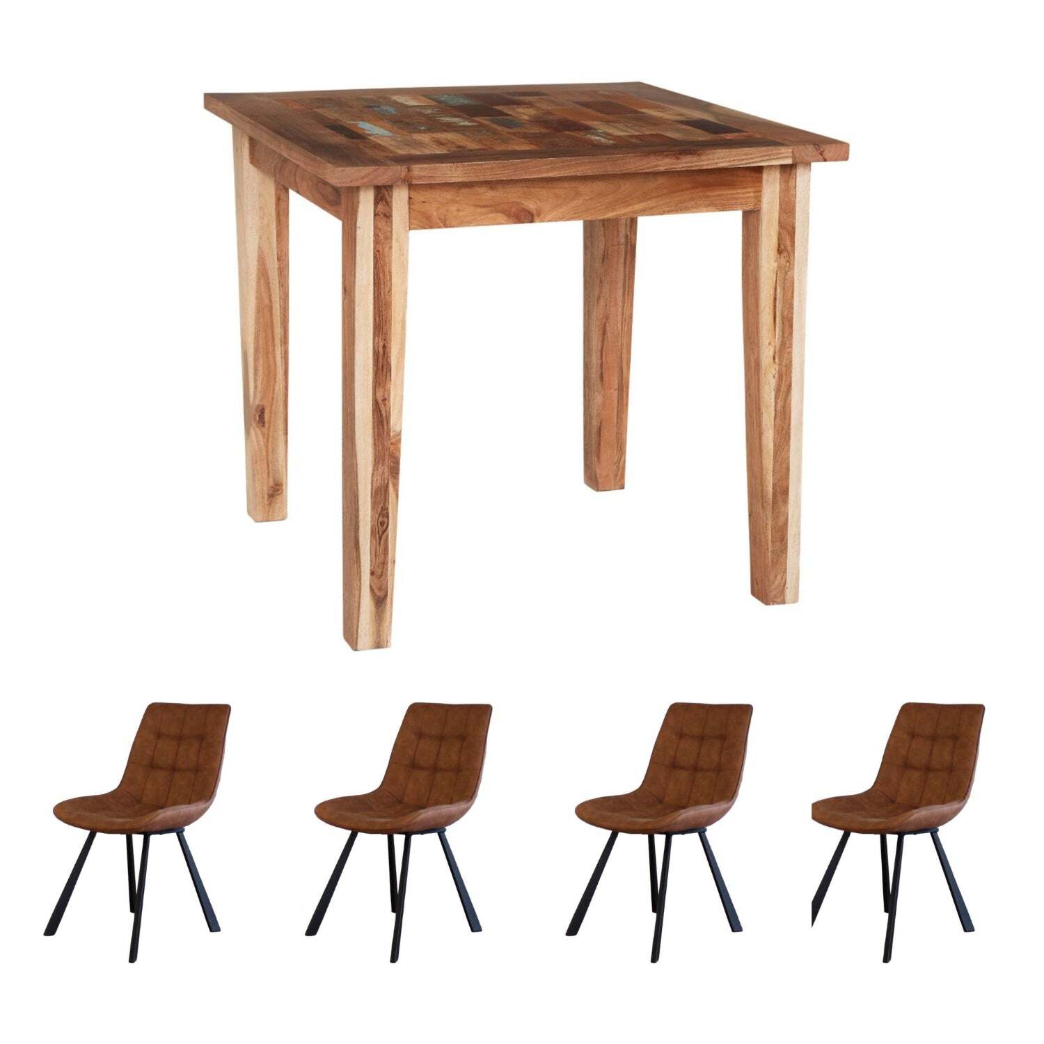 Reclaimed Boat Small Square Wooden Dining Table Set With 4 Chairs - Multicolour