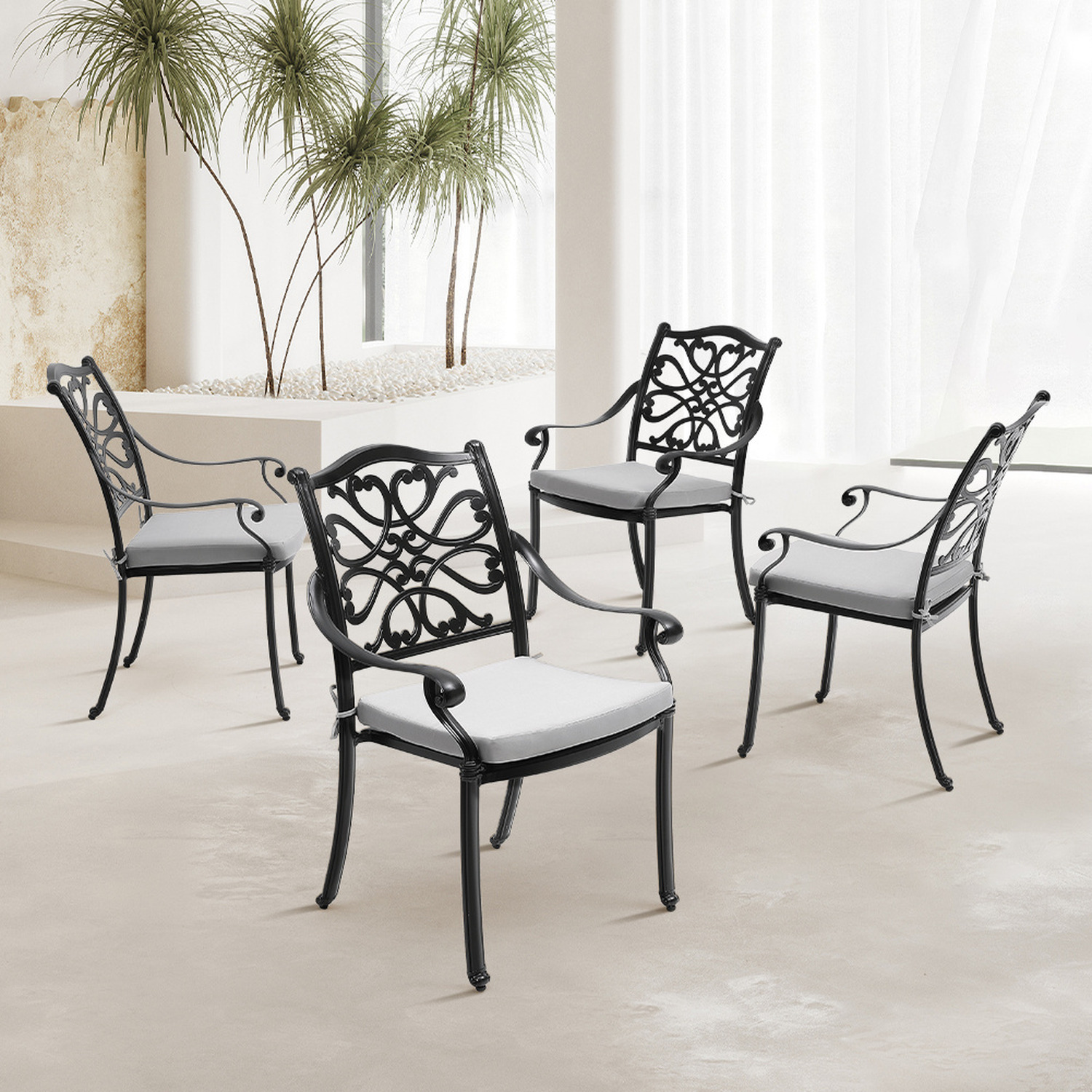 Set Of 4 Outdoor Cutout Garden Chairs With Cushions - Black