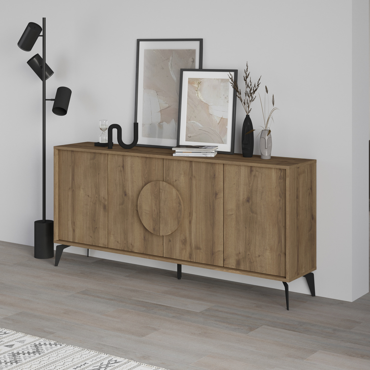 Decortie Gora 4 Door Sideboard Storage Cabinet With Metal Legs - Oak Effect