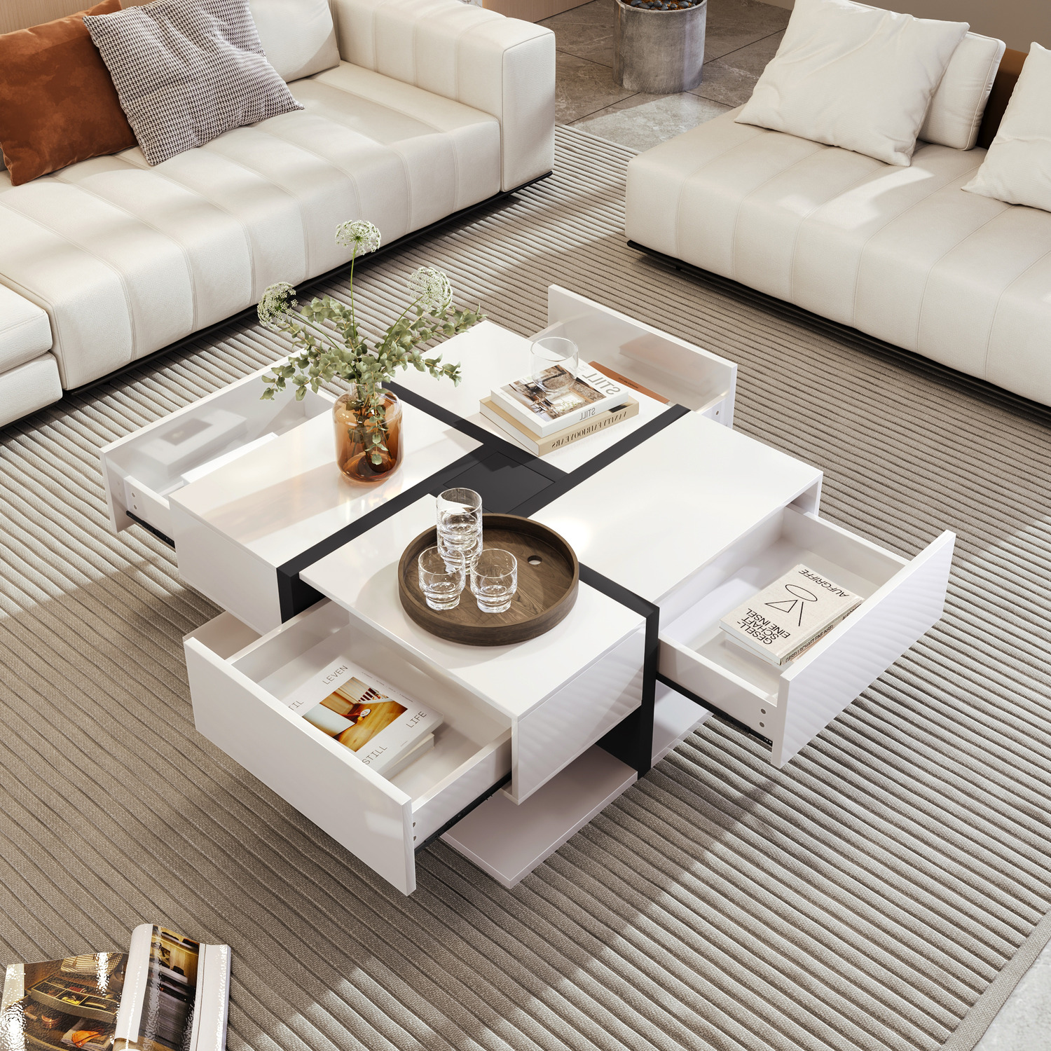 Modern Square Line Coffee Table - White Mdf Metal Wood