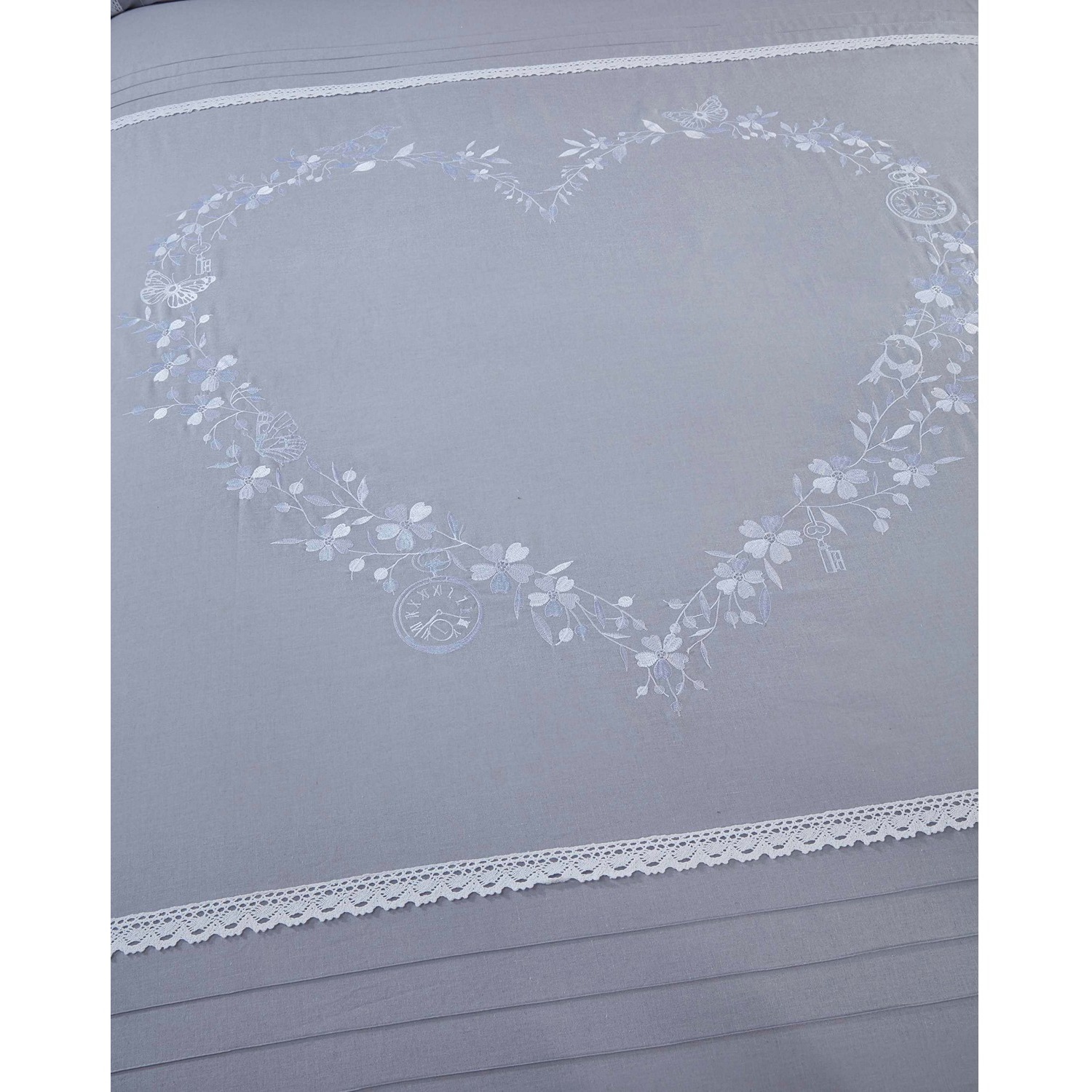 Heart Embroidered Polycotton Duvet Set With Pillowcase - Grey
