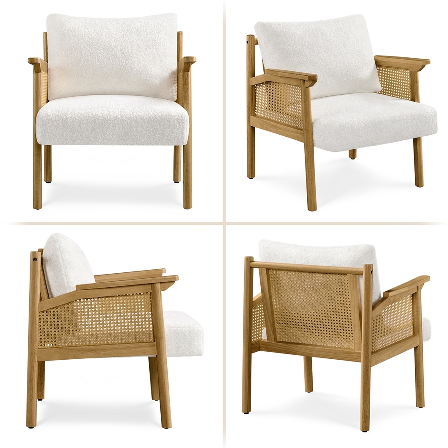 Boucle Upholstered Chair With Rattan Back - White