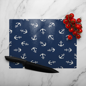 Anchors On Navy Glass Chopping Board