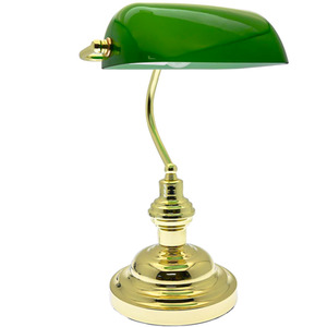 Classic Green Bankers Table Lamp Polished Brass Base and Glass Shade