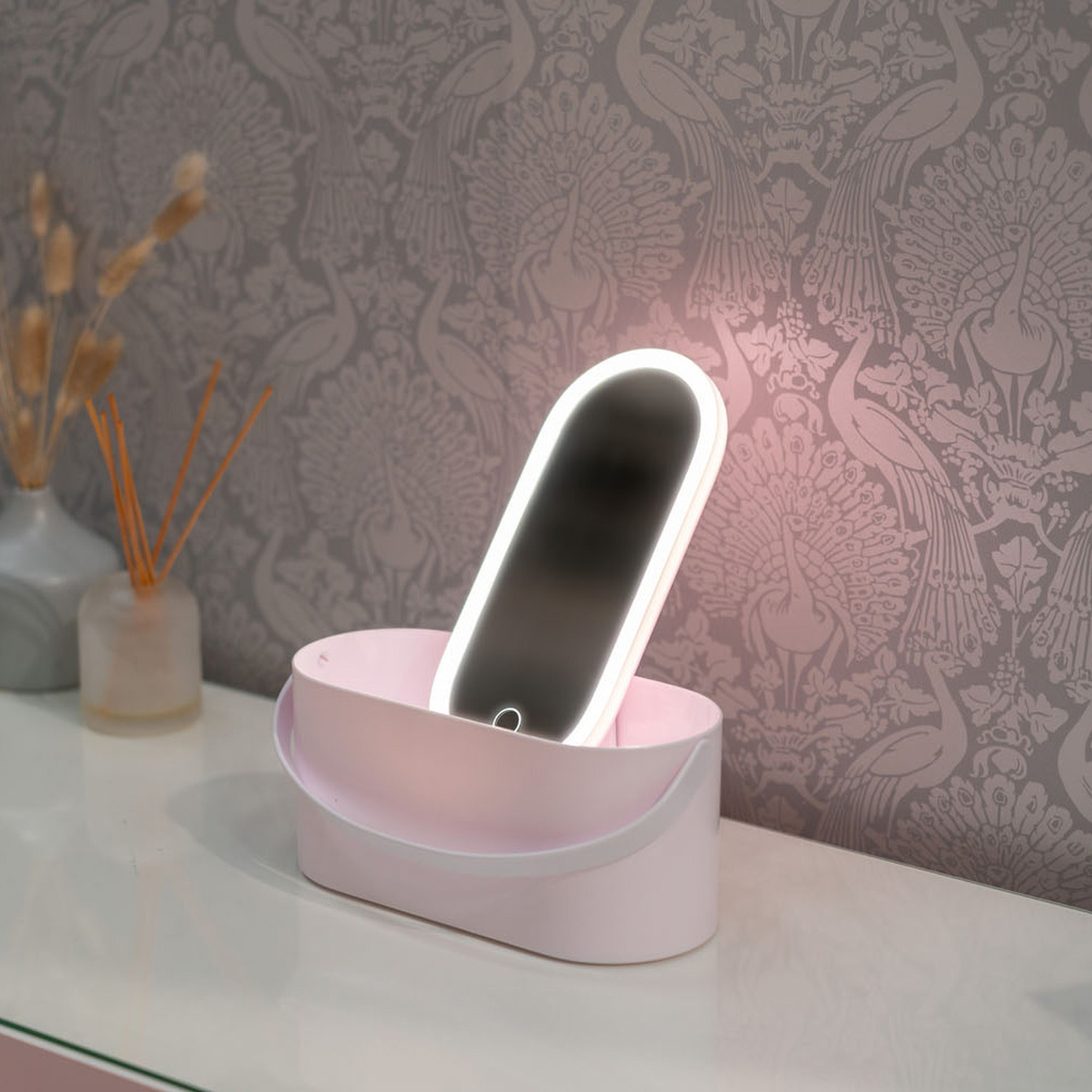 Led Make Up Mirror With Storage Carry Box - White