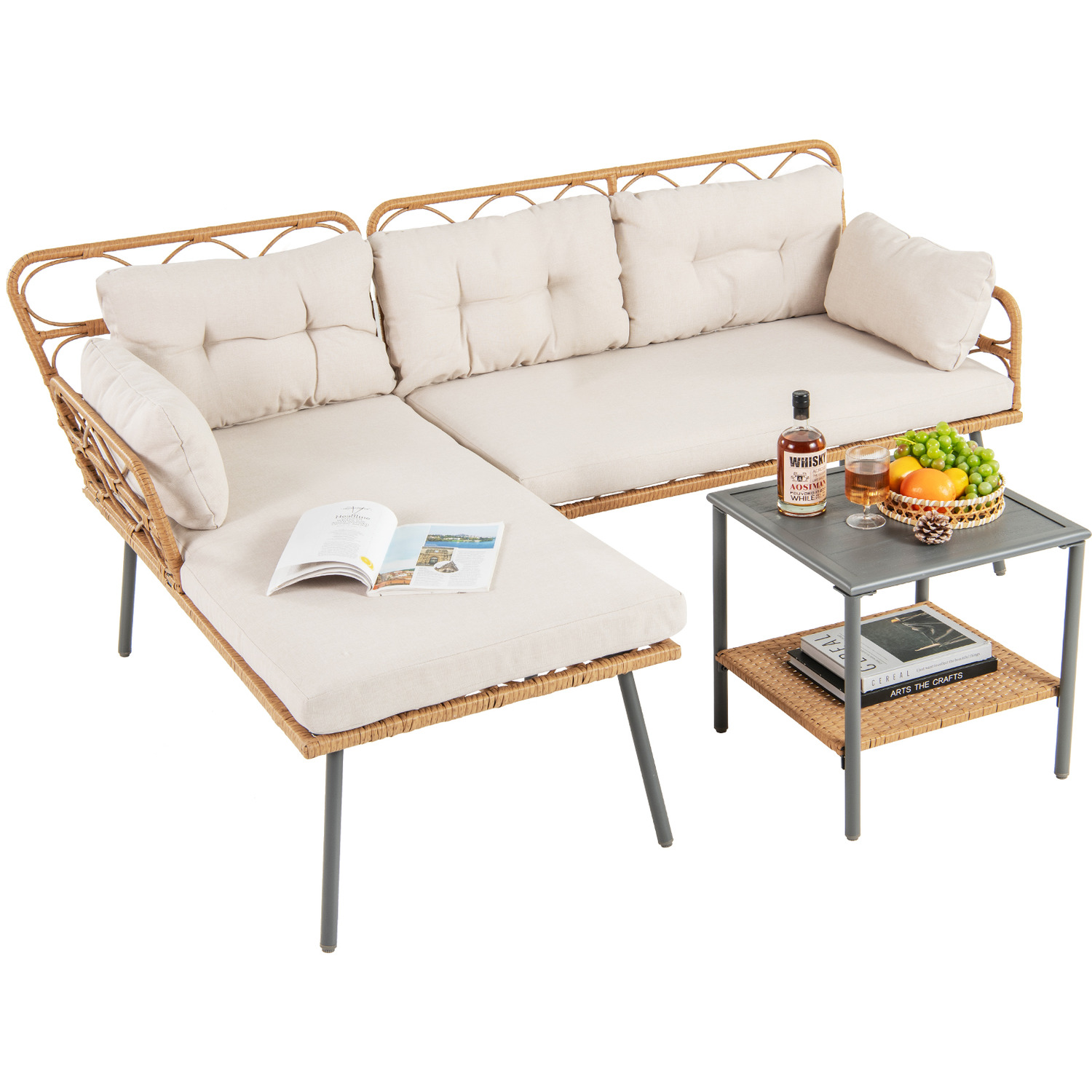 3 Pieces Cushioned Sofa Set With Coffee Table - Beige