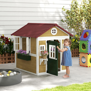 Outsunny Wooden Playhouse for Kids Doors Windows Plant Pots