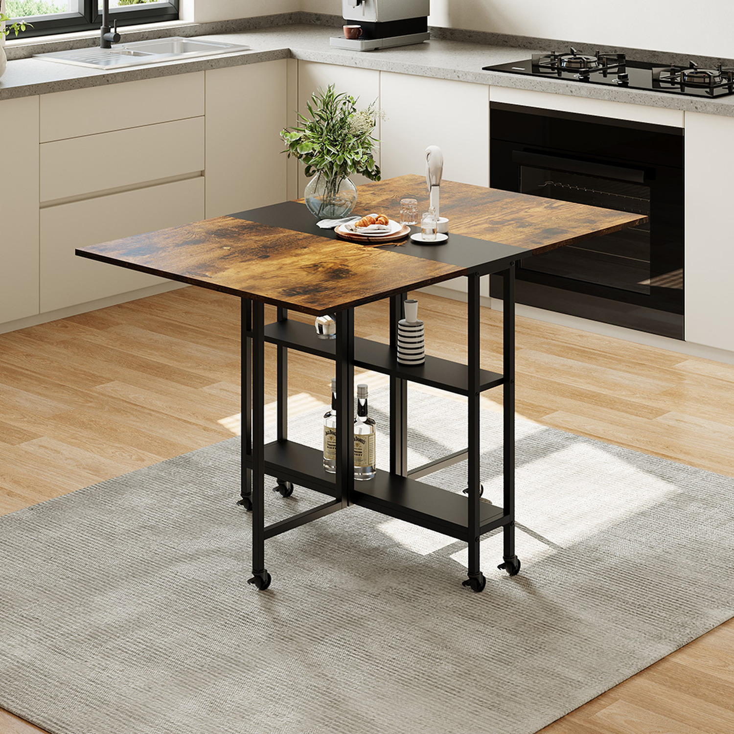 Livingandhome Folding Dining Table With Wheels And Storage Shelves - Brown+Black
