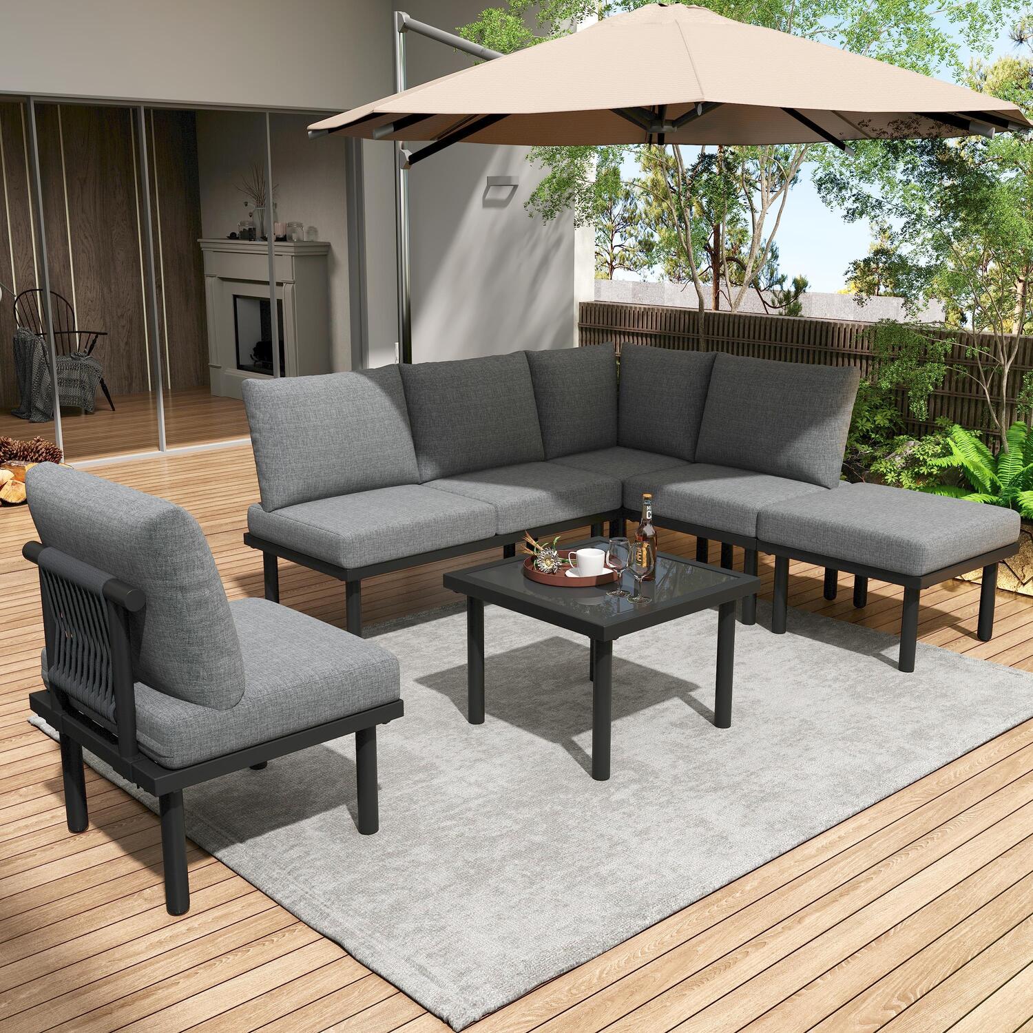 Handwoven Rope 6 Seater Garden Lounge Set With Coffee Table - Grey
