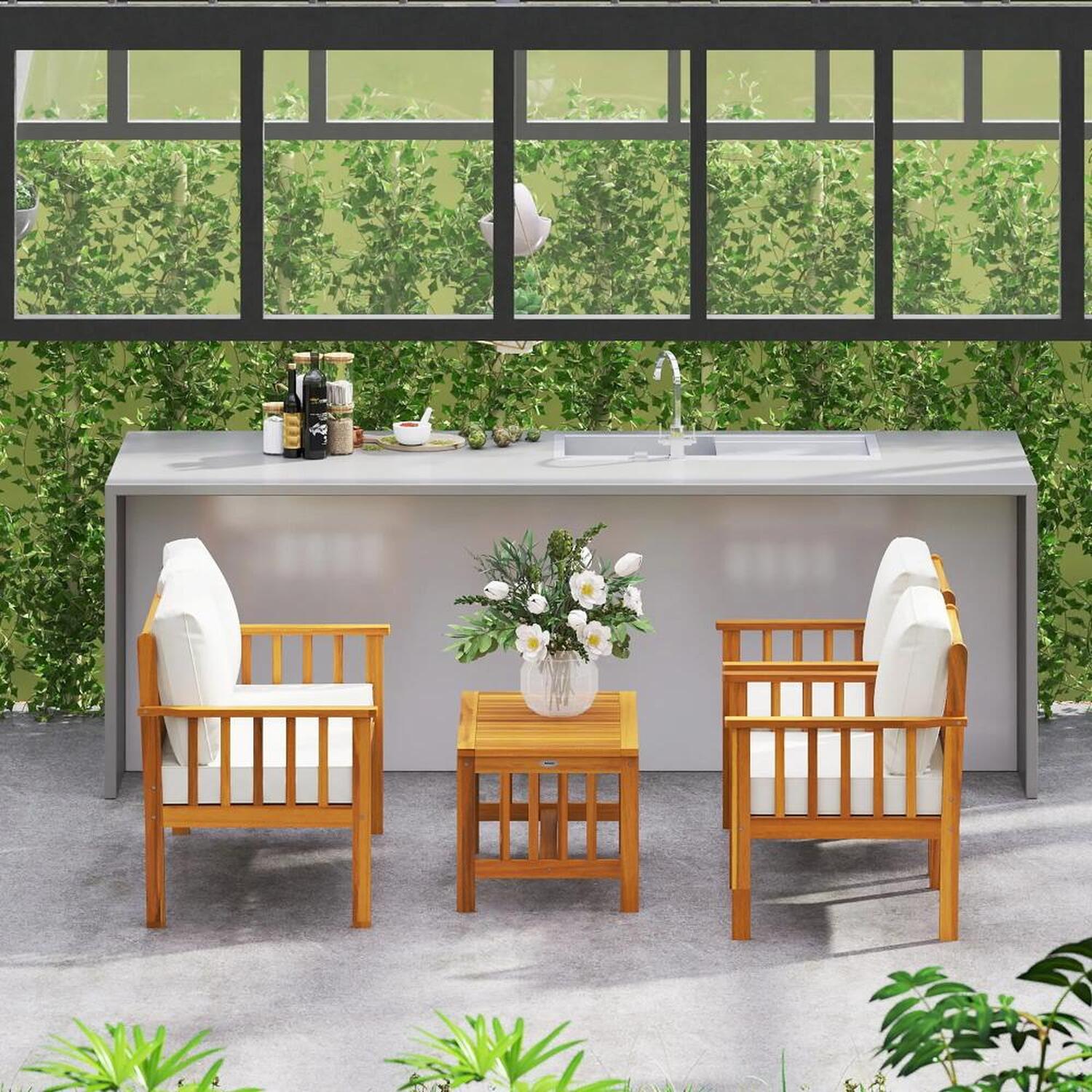 Acacia Wood Garden Sofa Set - Cream
