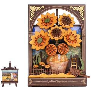 Golden Sunflower, 3d Wooden Puzzle with LED Light Flower Model Kits