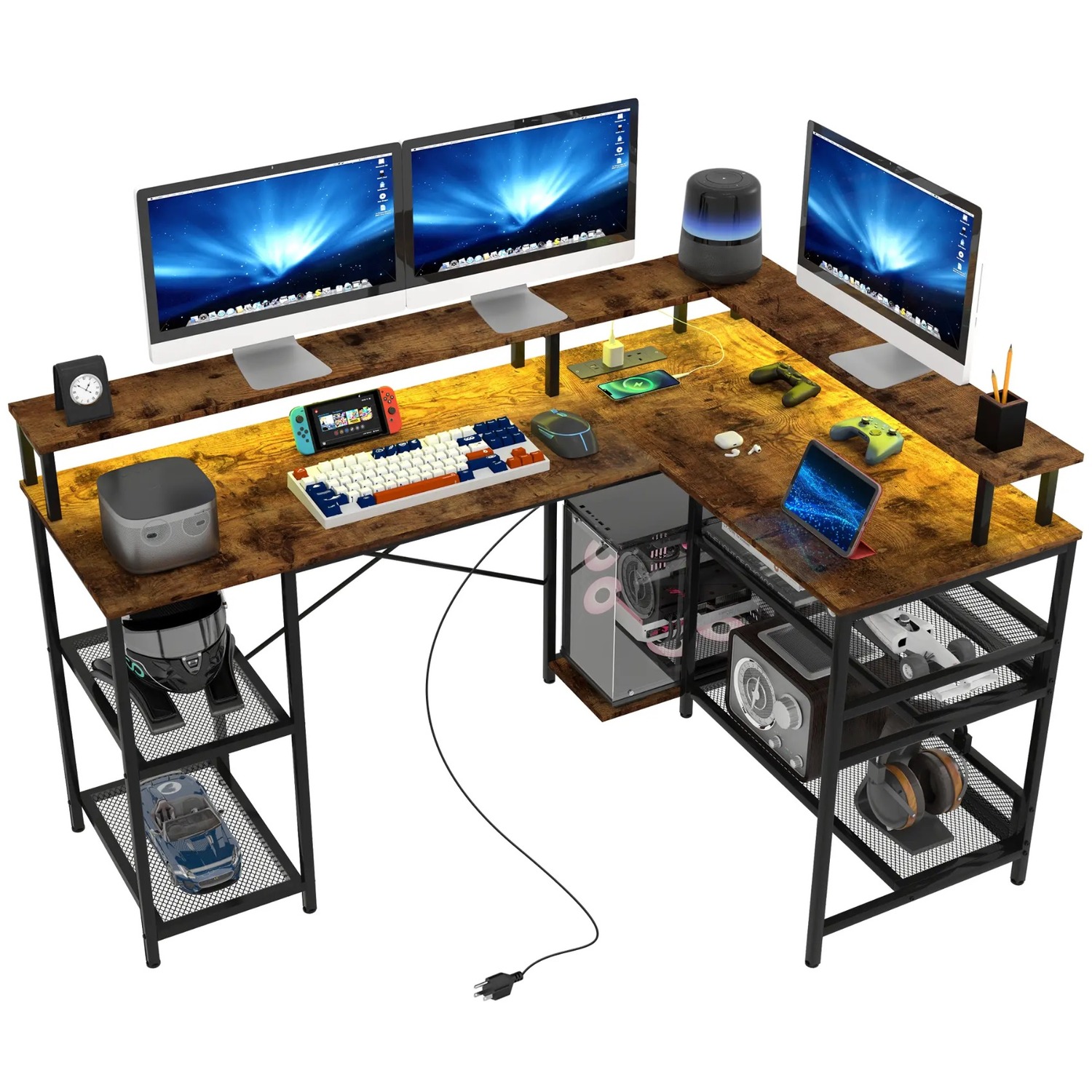 Industrial L Shaped Computer Desk With Usb Outlets And Led Lights - Rustic Brown