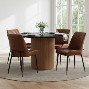 Luxor Round Black Marble Top with Wood Pedestal Dining Table