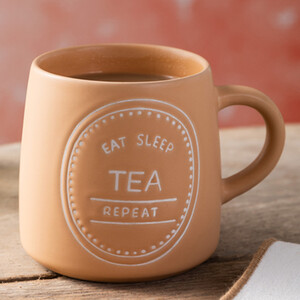 Mikasa 'Eat Sleep Tea Repeat' Stoneware Mug, Pale Orange Cup for Tea, 400ml
