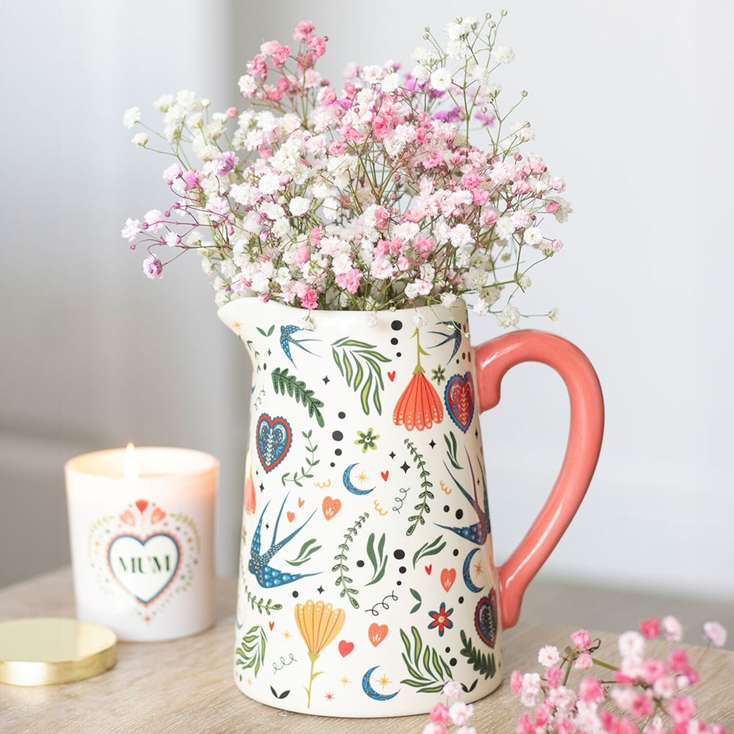 Cream Folk Print Ceramic Flower Jug Vase - Multicolour