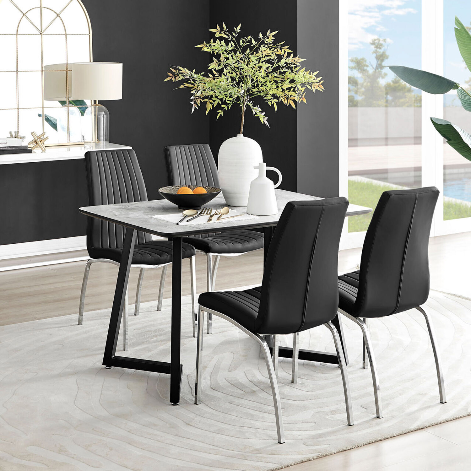 Carson White Marble Effect Dining Table and 4 Isco Chairs - Black