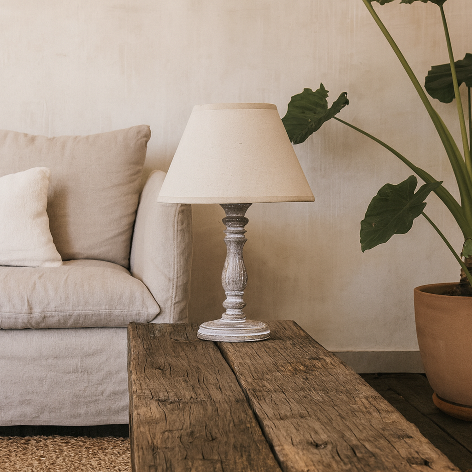 Bastide Washed Turned Column Table Lamp with Linen Shade - White