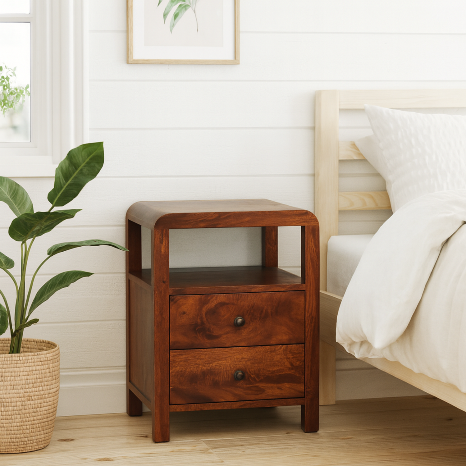 Tropea Mango Wood Bedside Table Chestnut Satin 2 Drawers and Shelf - Brown
