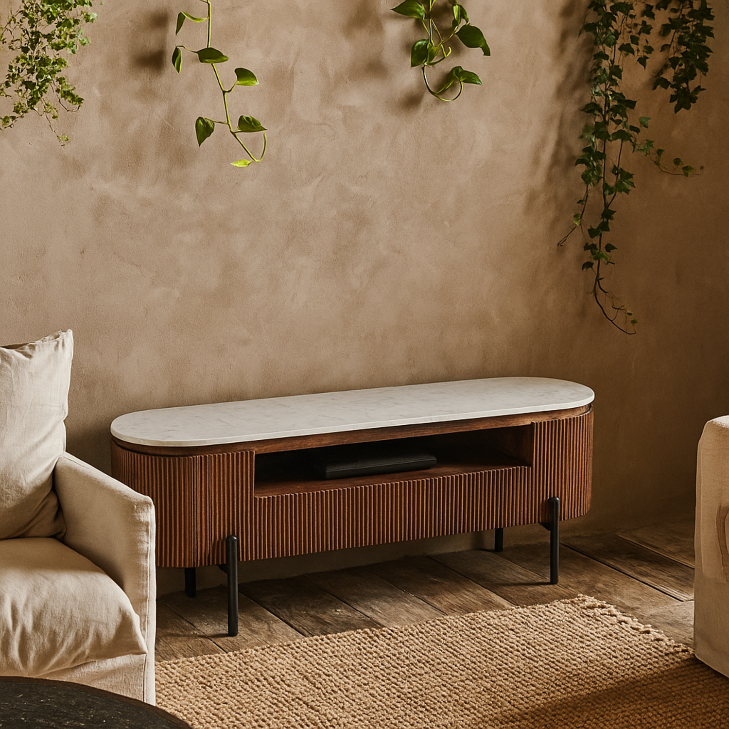 Alabama Ribbed Mango Wood TV Cabinet with Marble Top - Brown