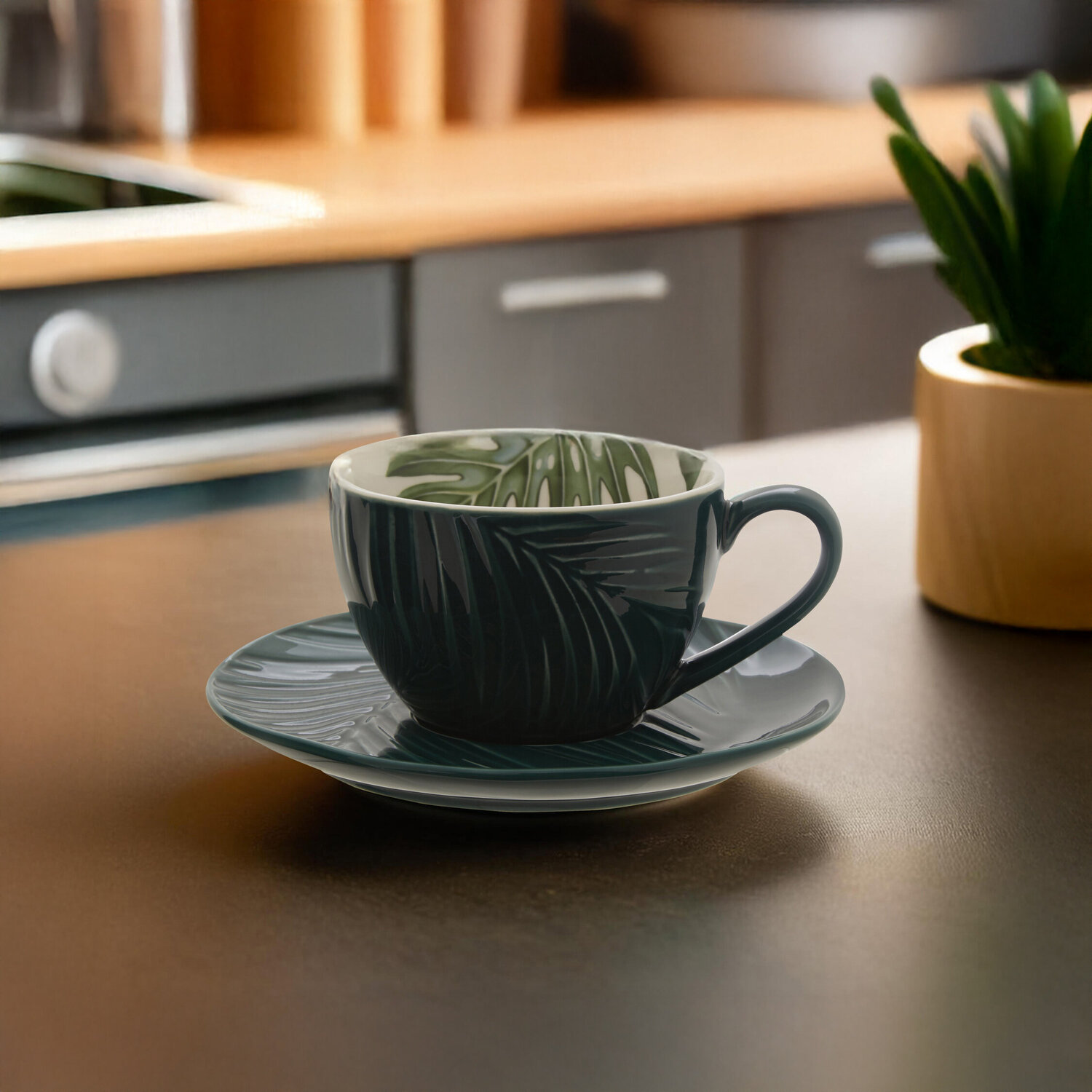 Maison By Premier Bali Dark Green Cup And Saucer With Leaf Design - Green